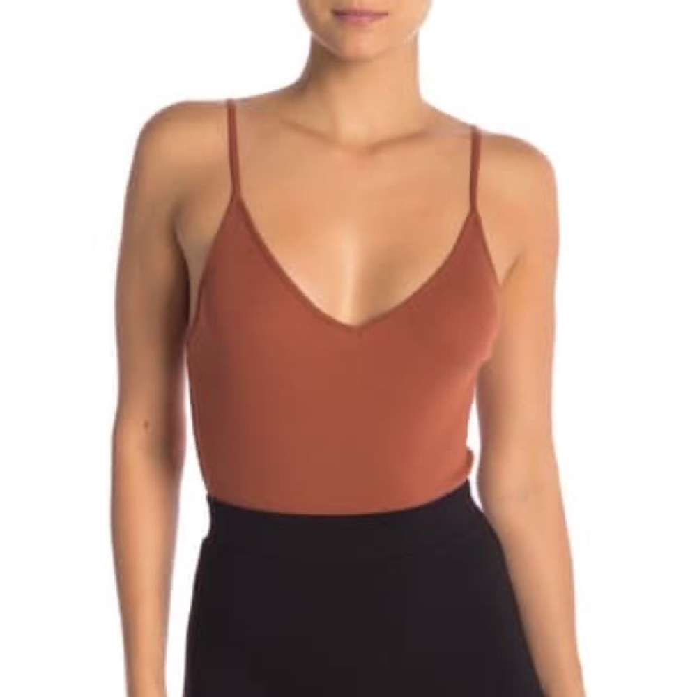 BP. V-Neck Ribbed Thong Bodysuit Rust